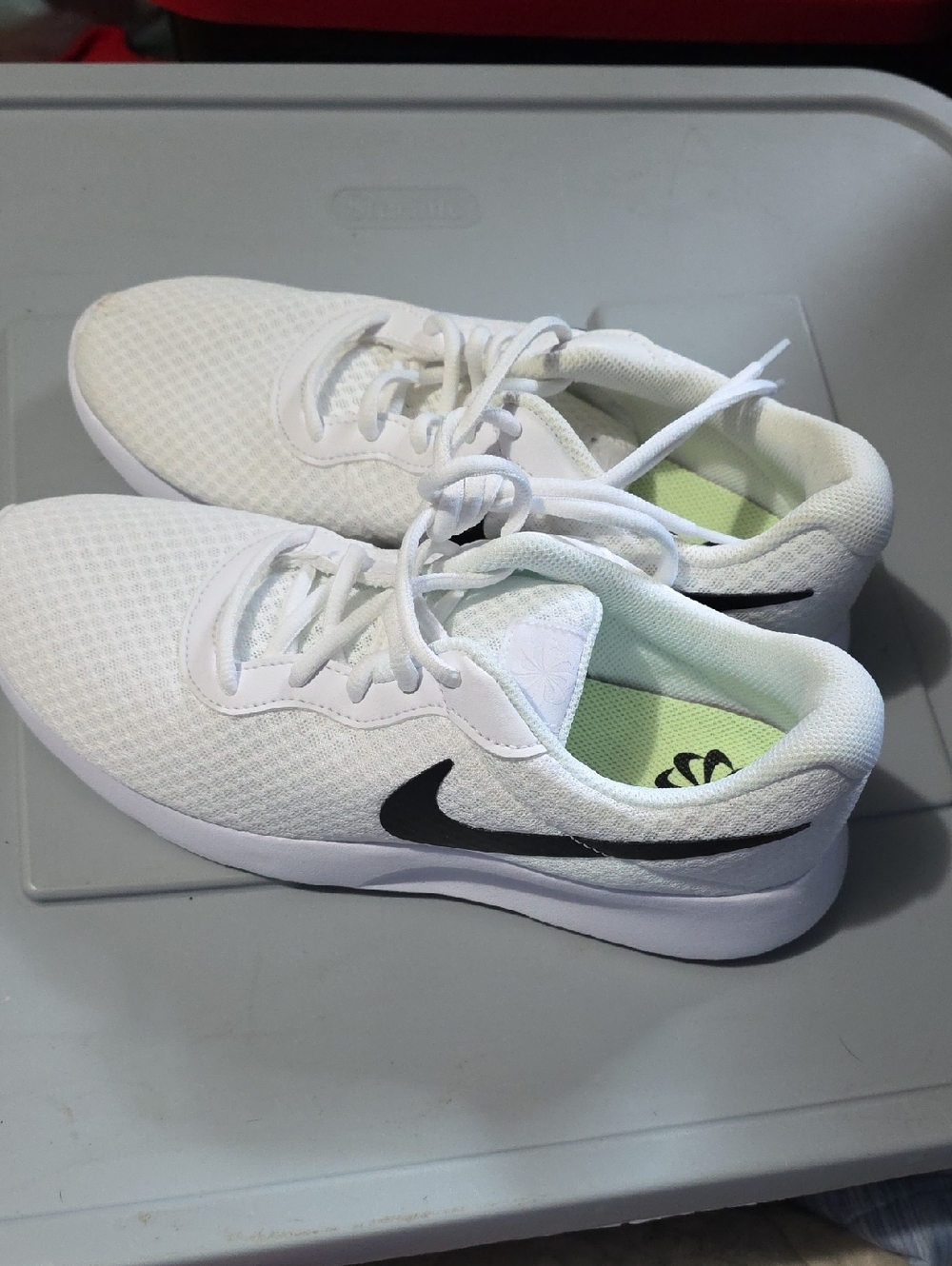 Nike White Mesh Sneakers with Black Swoosh and Lime Insole
